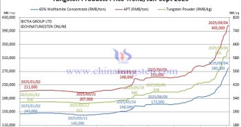 65% Wolframite Concentrate Price Reaches 280,000 – September 4, 2025 Tungsten Price Trend from January to September 4, 2025